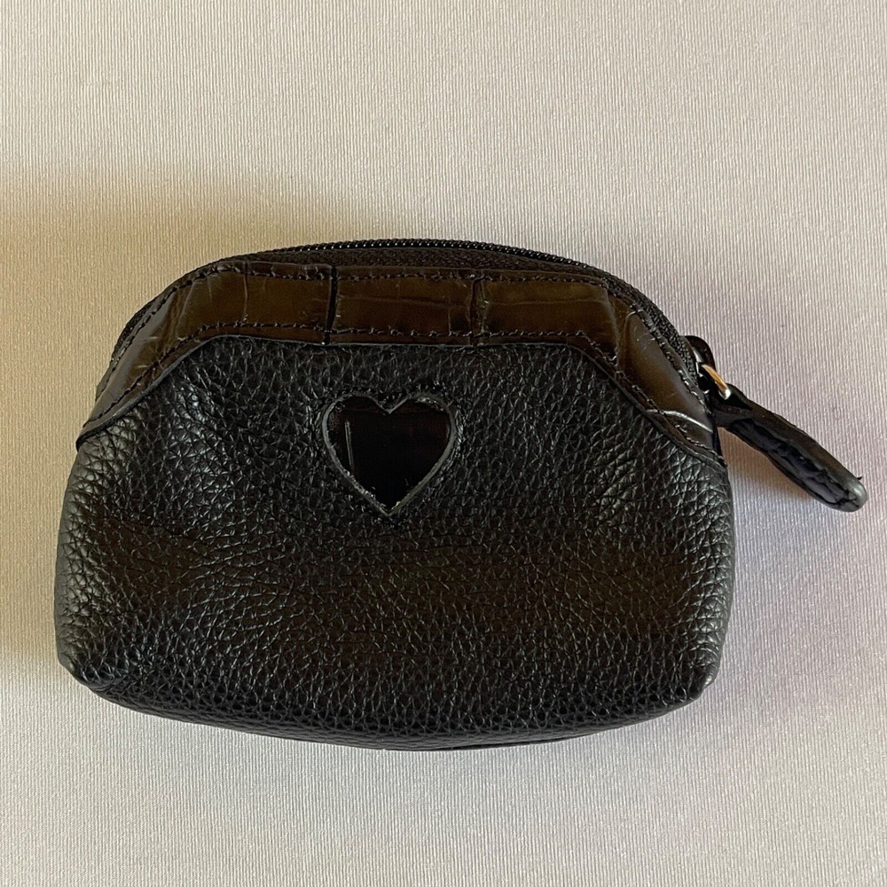 Brighton Coin Change Purse Black Leather Lined Zipper Small Heart